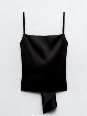 Zara Black Satin Square-Neck Cami with Draped Tab